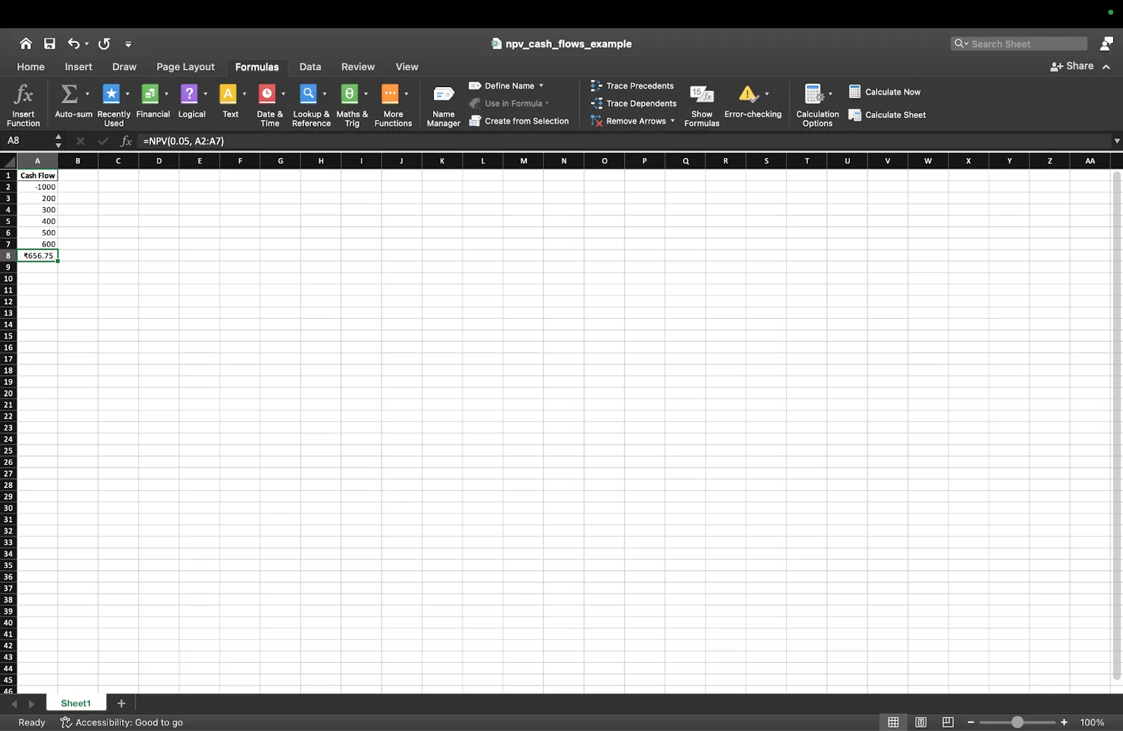 Hoja de cálculo de Excel con una fórmula NPV aplicada a un intervalo de datos de flujo de caja: Cómo utilizar ChatGPT para fórmulas de Excel