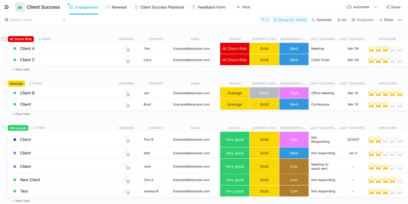 Xây dựng mối quan hệ khách hàng vững chắc hơn với Mẫu CRM của ClickUp bằng cách theo dõi mức độ tương tác và điểm trung thành