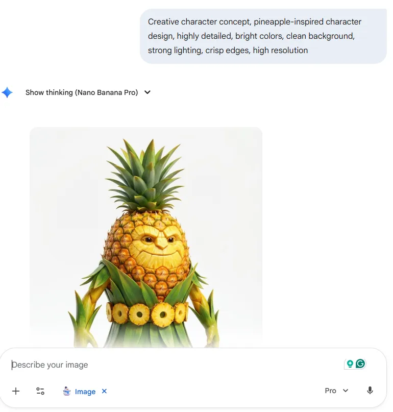 Kreatives Zeichenkonzept, von Ananas inspiriertes Zeichendesign, sehr detailliert, leuchtende Farben, klarer Hintergrund, starke Beleuchtung, scharfe Kanten, hohe Auflösung