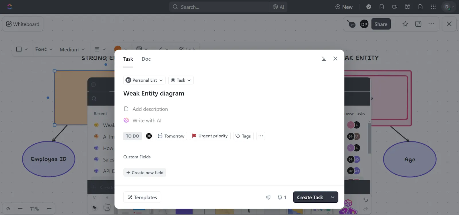 Presiona «Shift + T» para crear tareas de ClickUp desde pizarras.