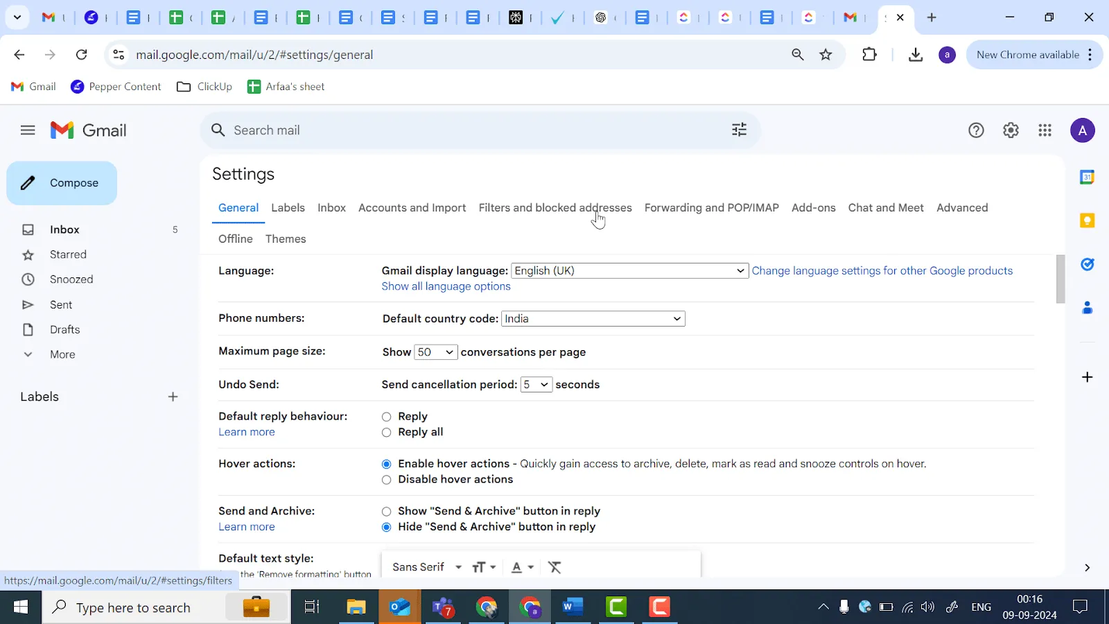 Filtros y pestaña Direcciones bloqueadas para crear reglas de Gmail