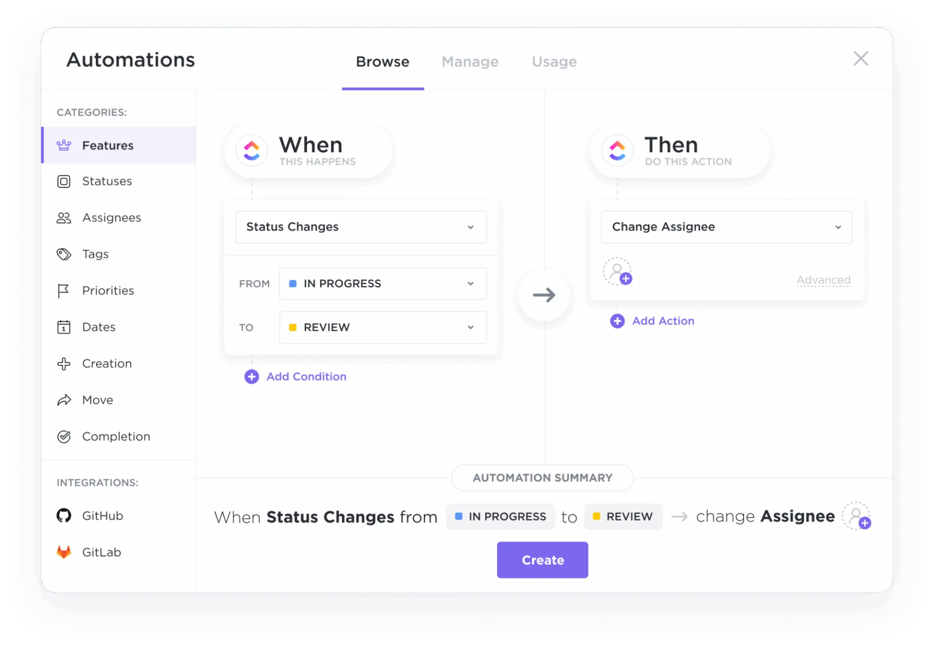 Automatisera uppgiftsfördelning, aviseringar och arbetsflöden med ClickUp-Automations 1–4