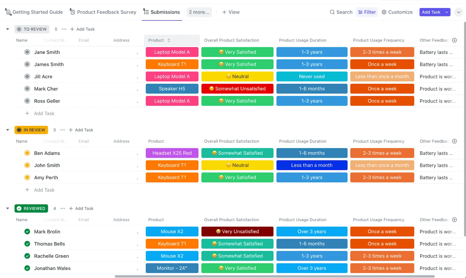 Verwenden Sie die Produktfeedback-Umfragevorlage von ClickUp, um Features zu testen und Zielgruppenrecherchen durchzuführen.