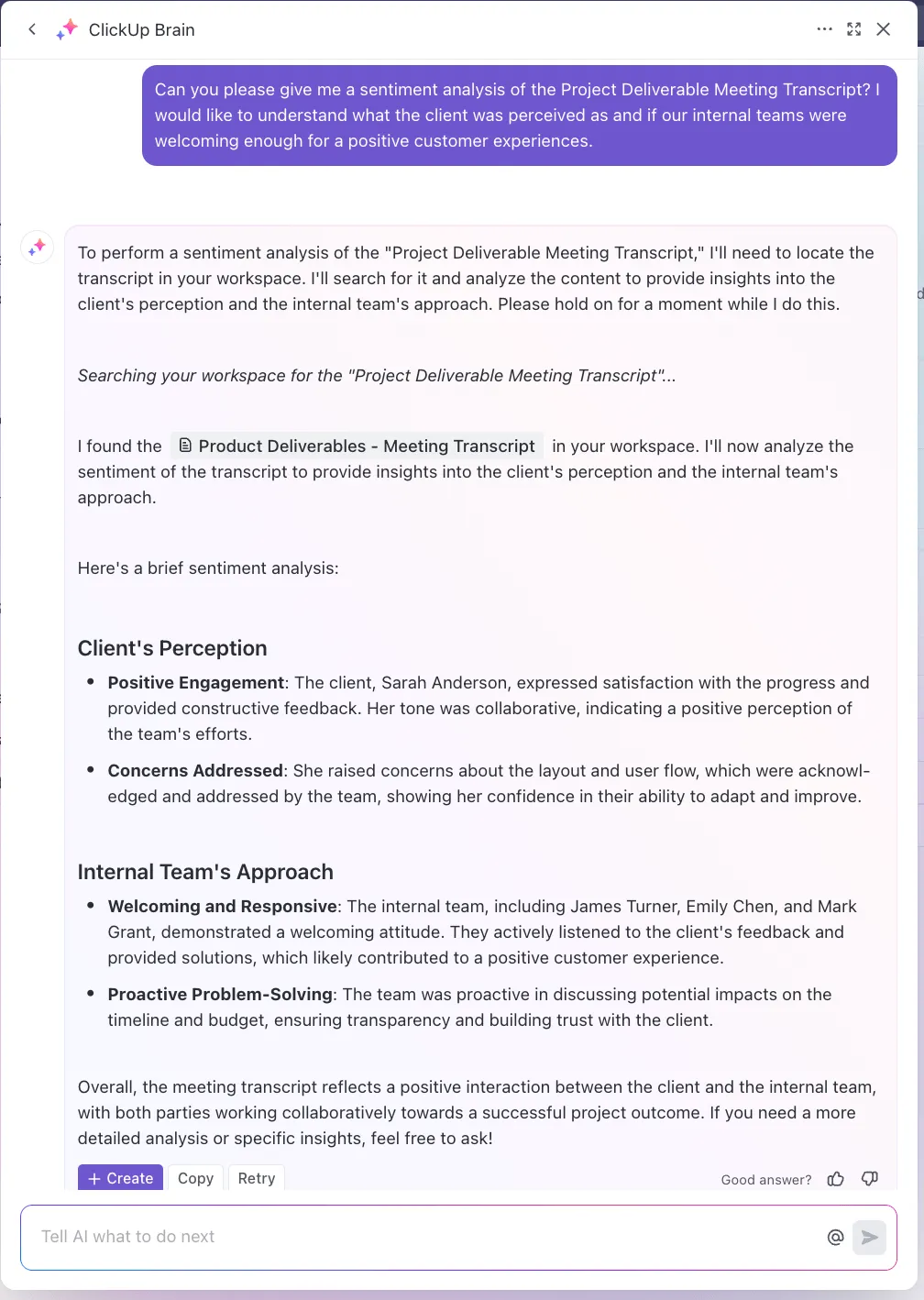 IA pour la prise de notes : analysez les sentiments, créez des informations sur les relations au sein de l'équipe et améliorez l'expérience client avec ClickUp Brain.