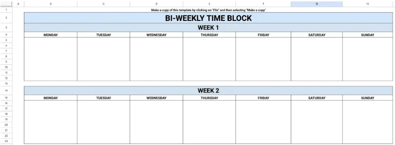 Šablona pro blokování času každé dva týdny od Float: šablona pro blokování času Google Sheets