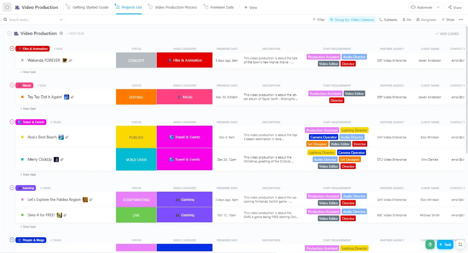Szablon produkcji wideo ClickUp