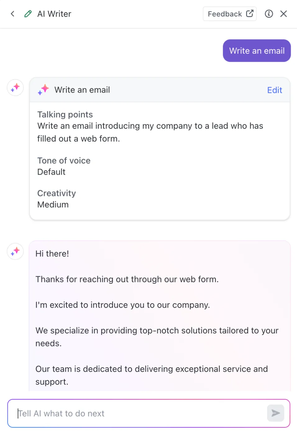 Utilisez ClickUp Brain pour personnaliser vos e-mails commerciaux en leur donnant le style et la structure appropriés.