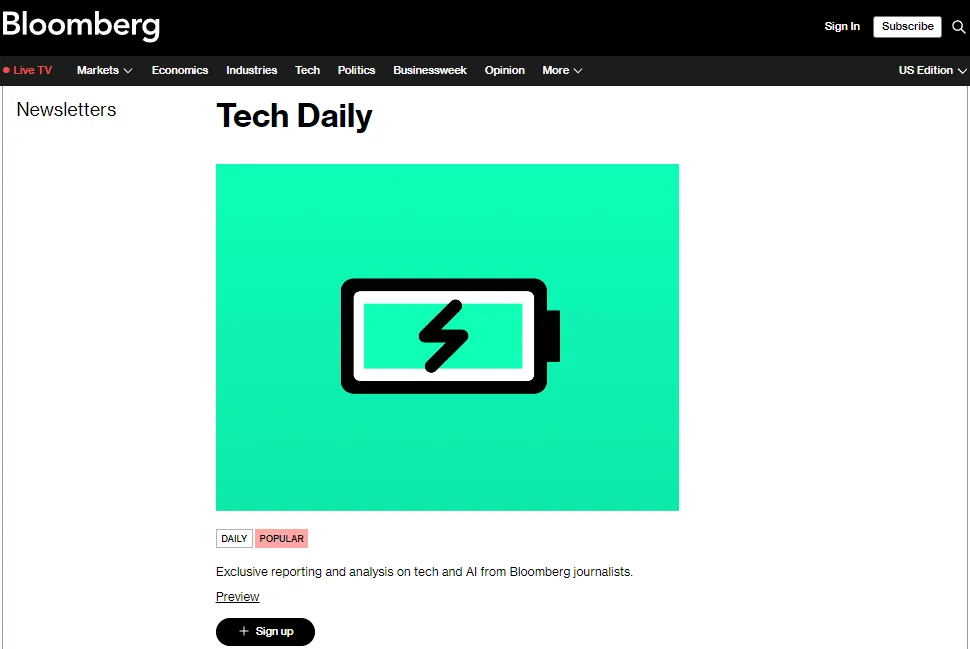 Ảnh chụp màn hình trang chủ của bản tin Tech Daily