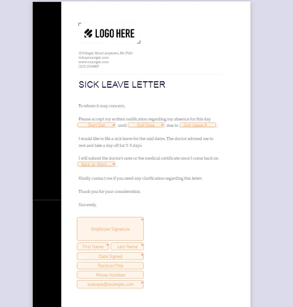 Modelo de carta de licença médica da Jotform