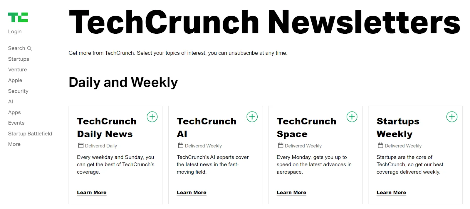Ảnh chụp màn hình trang chủ của TechCrunch Newsletter
