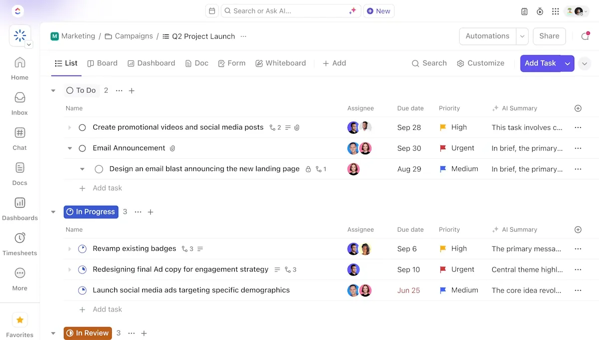 ClickUp per i team di project management