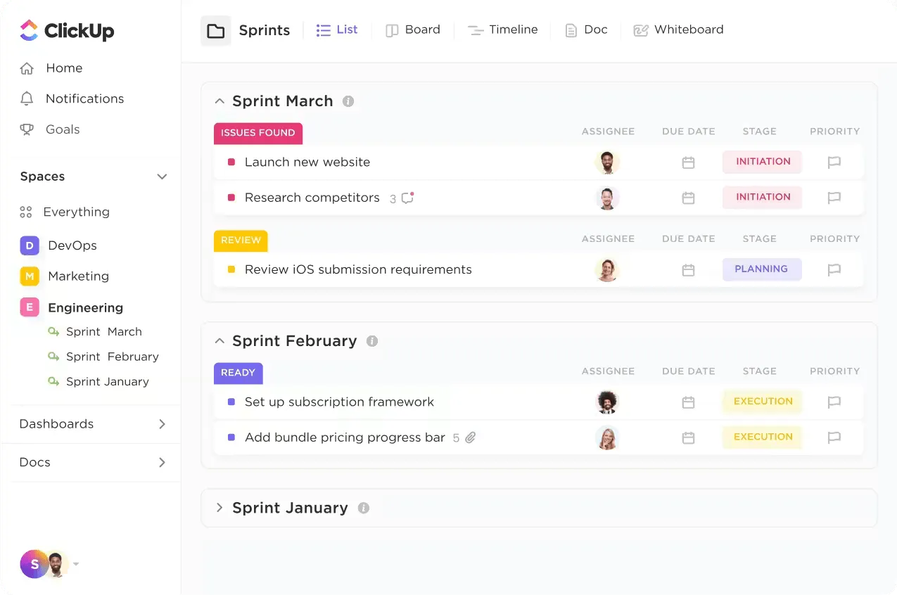 ソフトウェアチーム向けの ClickUp を使用して、スクラムの柱を実装しましょう。