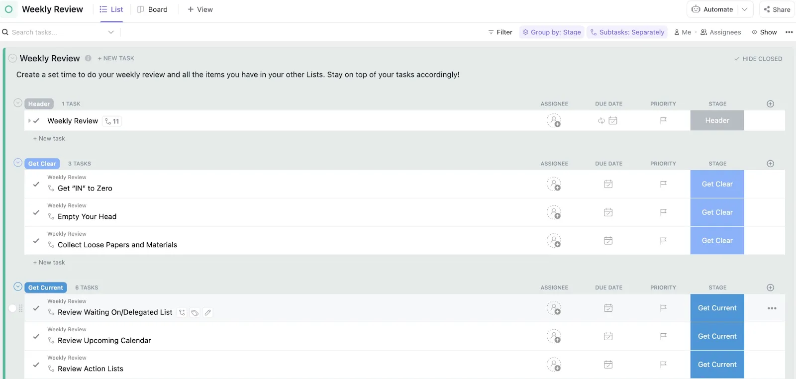 Modello ClickUp "Getting Things Done": modelli di azioni da fare