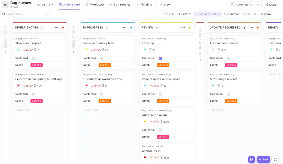 Ví dụ về theo dõi lỗi ClickUp