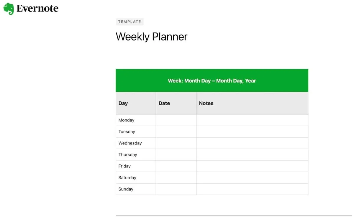 Evernote-Vorlage für Wochenplaner