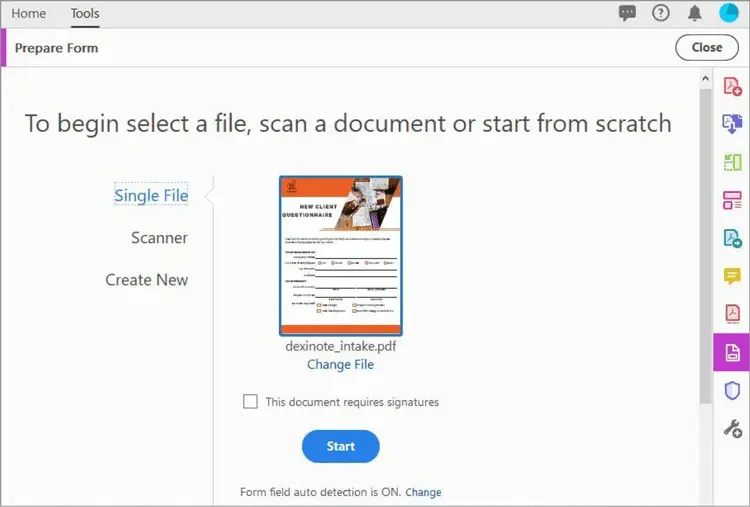 Jak vytvořit vyplnitelný formulář v Adobe: Otevřete formulář a klikněte na tlačítko Start.