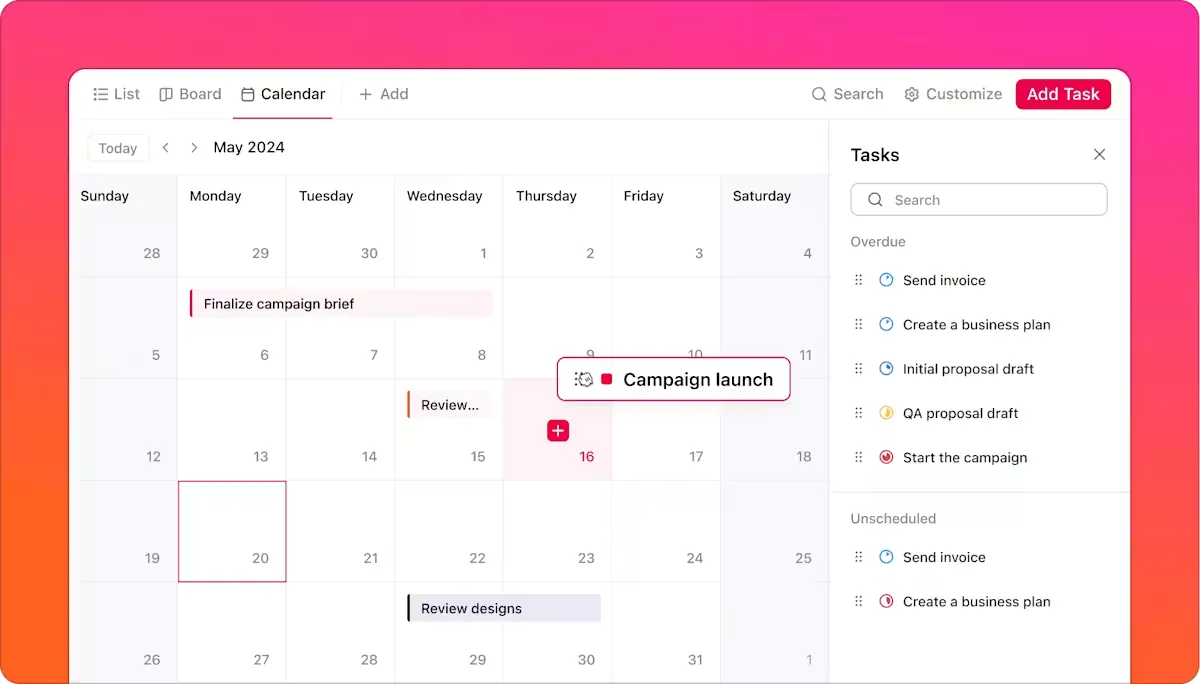 Visualizzazione del calendario di ClickUp: alternative a Wanderlog