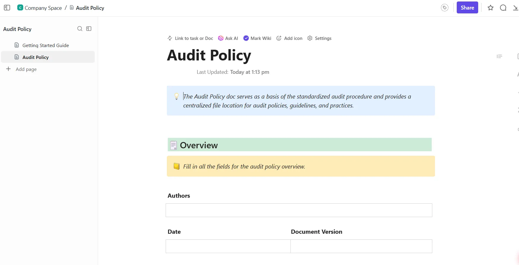 Rögzítse az audit hatókörét, gyakoriságát és az eskalációs eljárásokat a ClickUp audit-irányelv-sablonjával