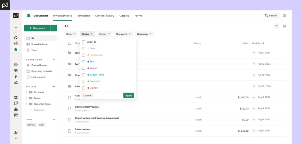 PandaDoc Dashboard: Software zum Freigeben von Dateien