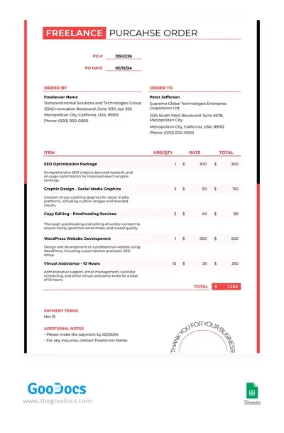 Compra para autónomos: plantilla de formulario de pedido de Hojas de cálculo de Google de GooDocs.