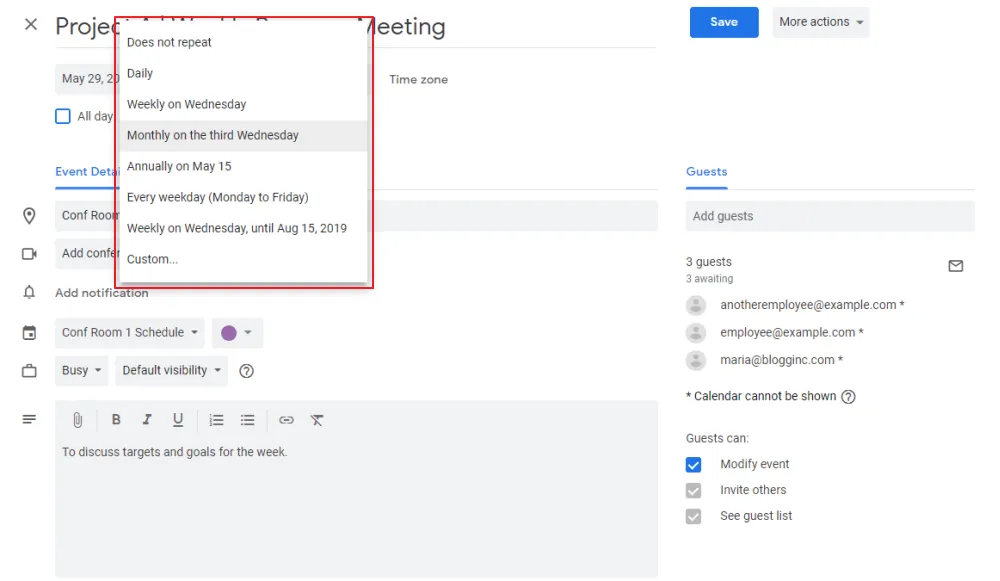 Планиране на повтарящи се срещи в Google Календар: Повтарящи се срещи