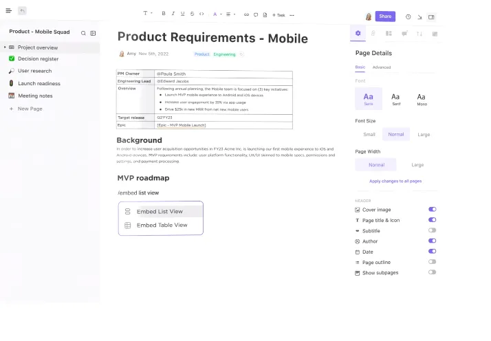 Plataforma de gerenciamento de produtos ClickUp lista de verificação para o desenvolvimento de produtos