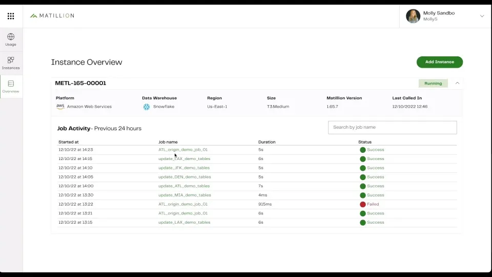 Matillion Dashboard:データ抽出ツール