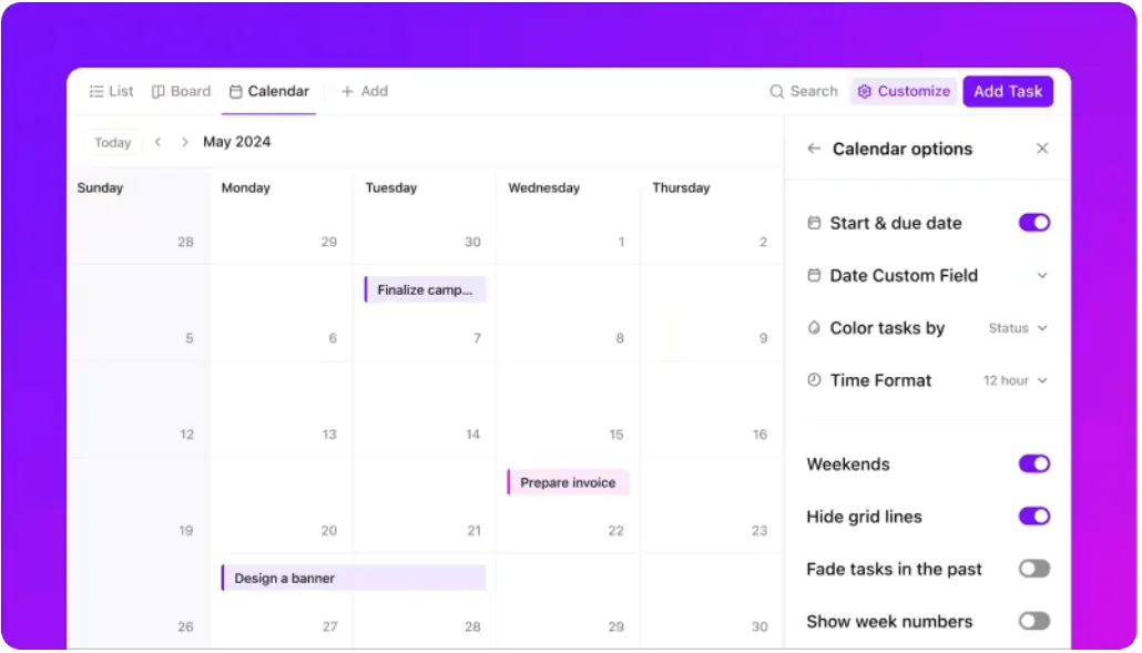 Vue Calendrier de ClickUp