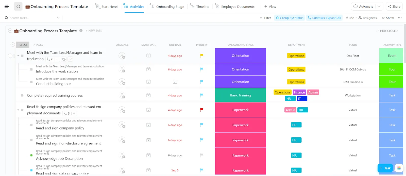 Modèle général d'intégration des employés ClickUp : guidez les nouvelles recrues à l'aide de ressources d'intégration structurées et de checklists.