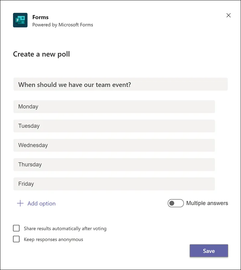 Създайте анкета в Microsoft Forms: добавете въпрос, опции и активирайте възможност за няколко отговора, ако е необходимо.
