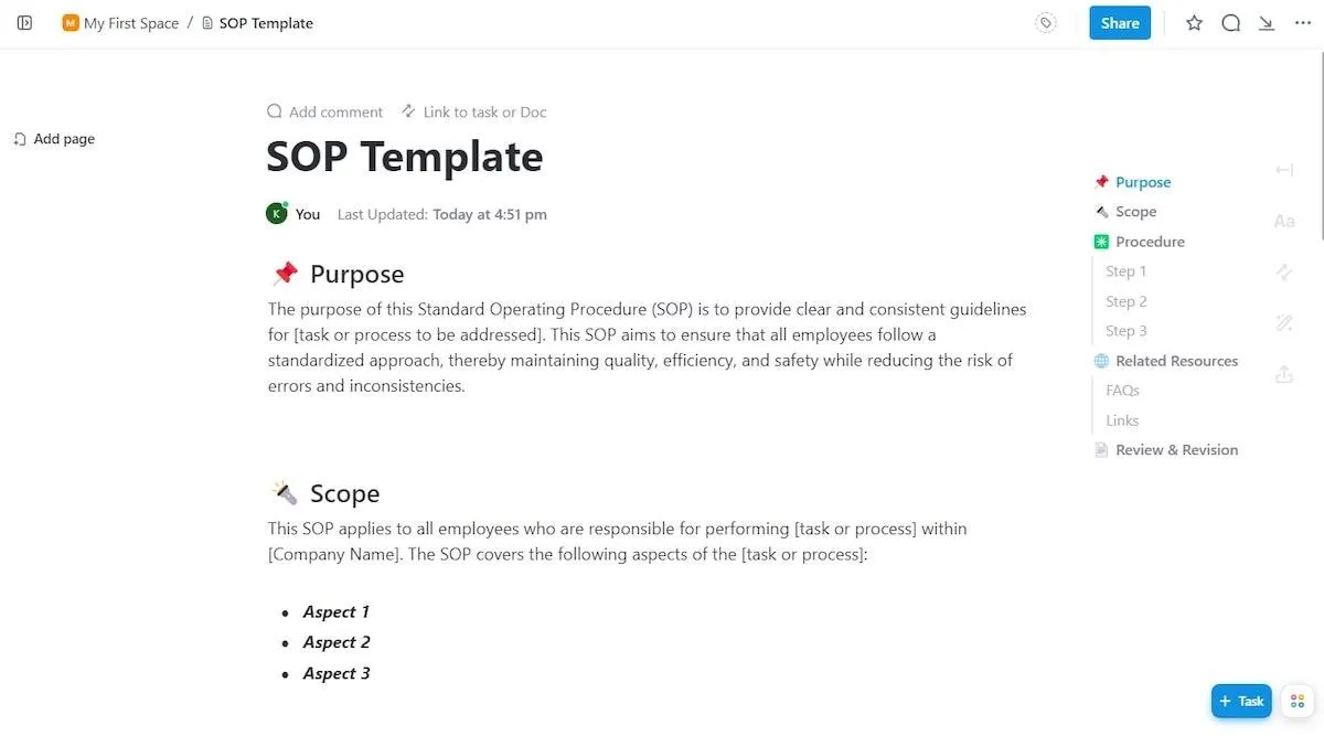 Plantilla SOP para la creación de contenido de ClickUp