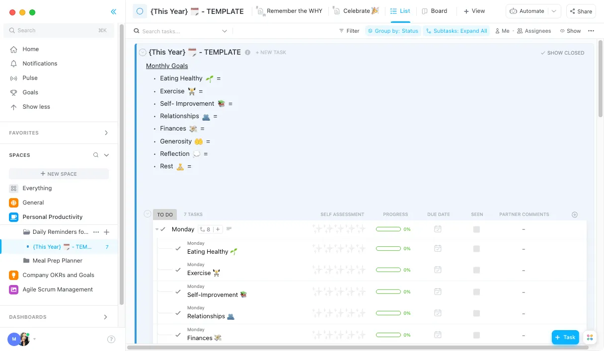 Essayez le modèle de productivité personnelle ClickUp pour organiser et hiérarchiser vos tâches tout au long de la journée
