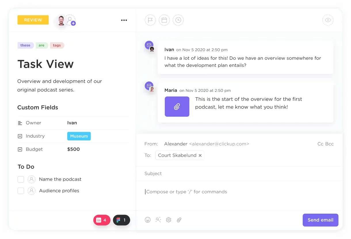 Phát triển mối quan hệ với khách hàng bằng ClickUp bằng cách tích hợp email, xây dựng cơ sở dữ liệu khách hàng và tự động hóa quy trình làm việc