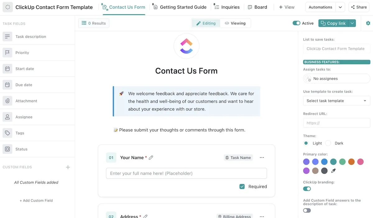 Modelo de formulário de contato ClickUp
