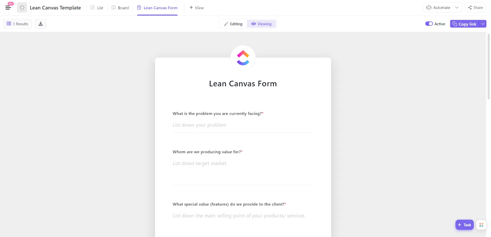 เทมเพลต ClickUp Lean Canvas