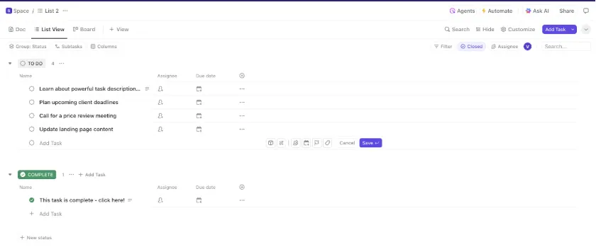Template Daftar Tugas ClickUp Basic