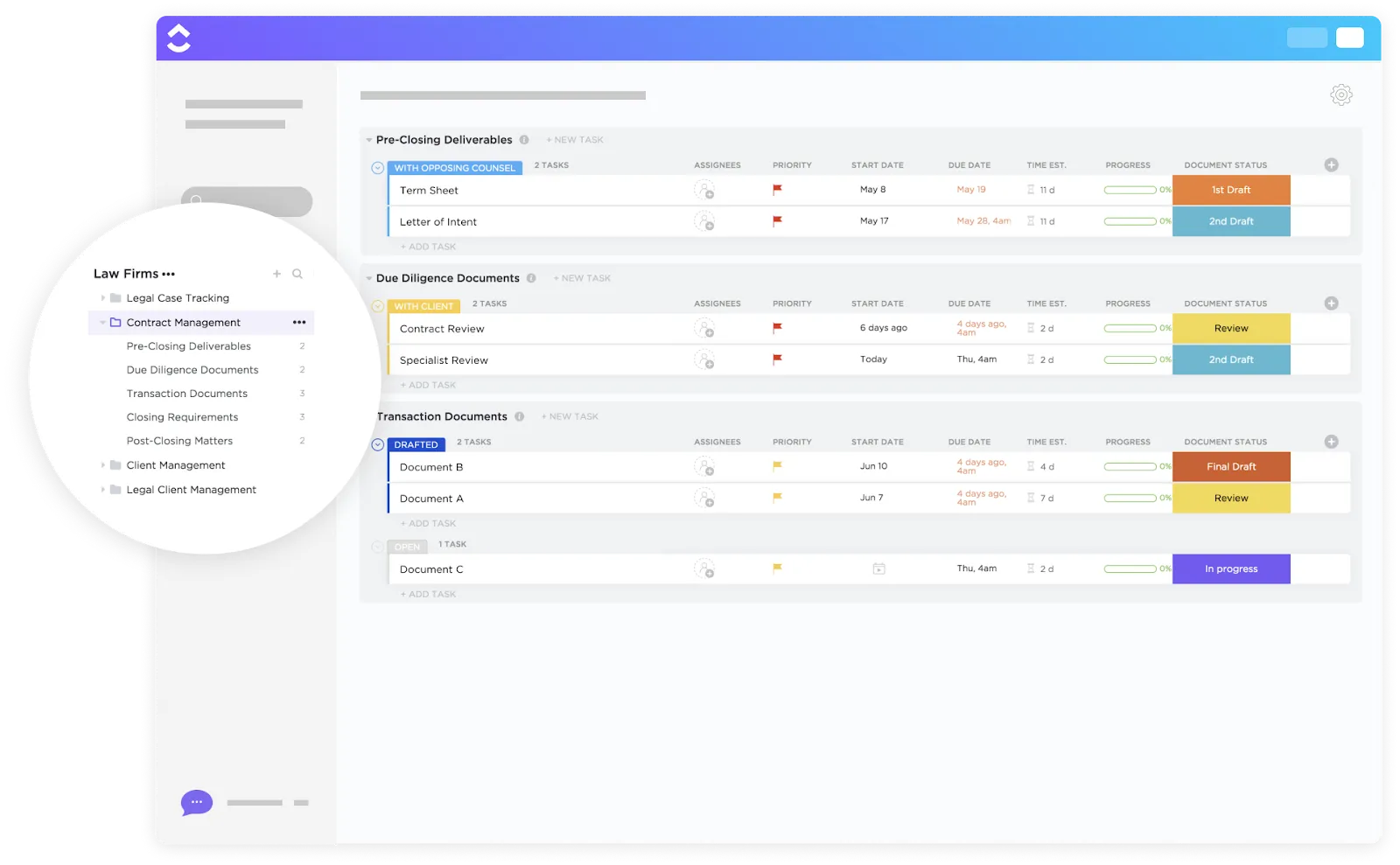 Tieni sotto controllo ogni accordo con il modello di gestione dei contratti ClickUp.