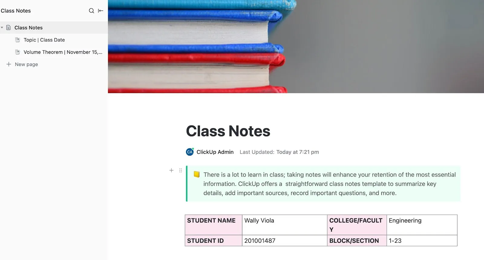 قالب ClickUp Class Notes للطلاب الجامعيين