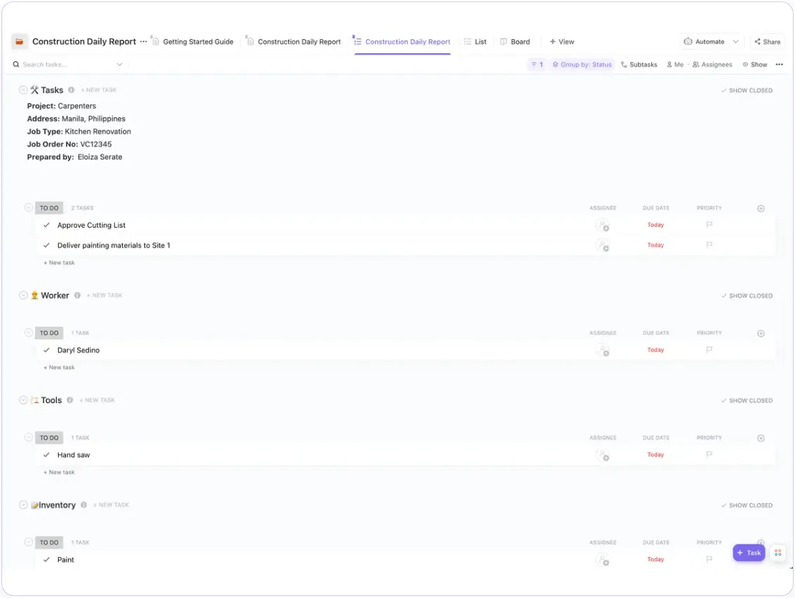 Completa rapidamente i tuoi rapporti giornalieri di costruzione utilizzando il modello di rapporto giornaliero di costruzione ClickUp.