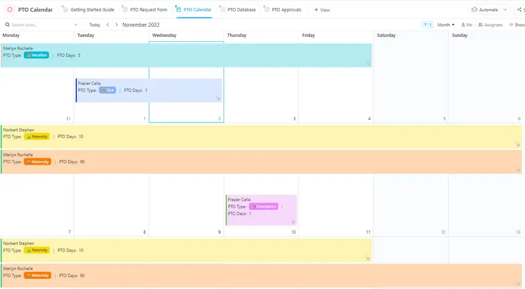 Utilice la plantilla de calendario de vacaciones de ClickUp para crear y optimizar sus procesos de vacaciones.