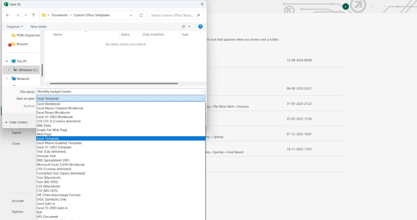Como criar um modelo no Excel: clique no botão Salvar como para salvar seu modelo.
