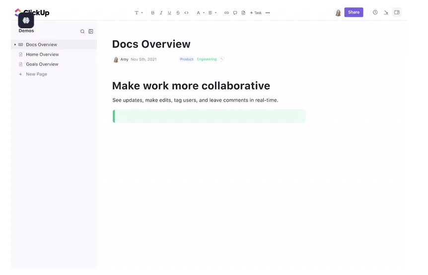 ClickUp Docs: أصبح تنفيذ أهداف الأداء أمرًا سهلاً مع التوثيق المناسب