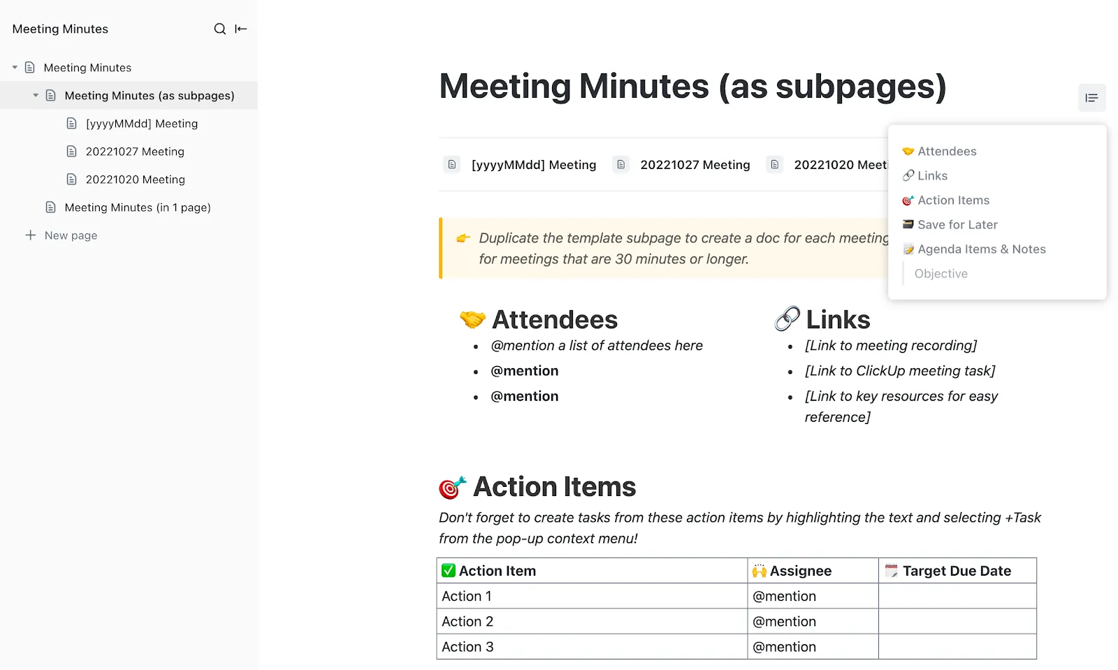 Plantilla de actas de reuniones de ClickUp