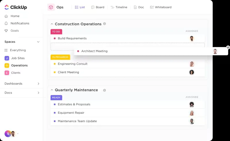 Software di project management per i progetti di costruzione di ClickUp: metodi di realizzazione dei progetti di costruzione