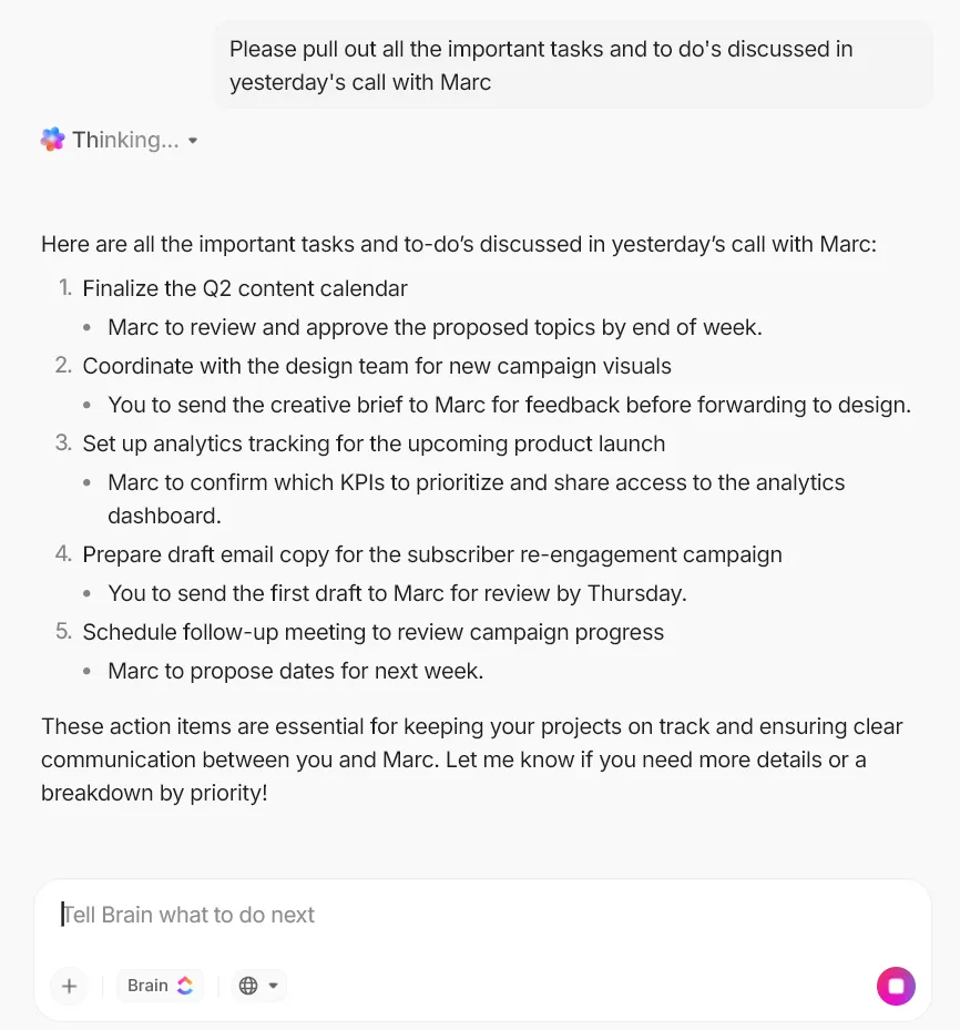 ClickUp Brain으로 파이프라인을 관리하여 작업 지연을 방지하세요. 간단하고 자연스러운 언어로 질문하세요.