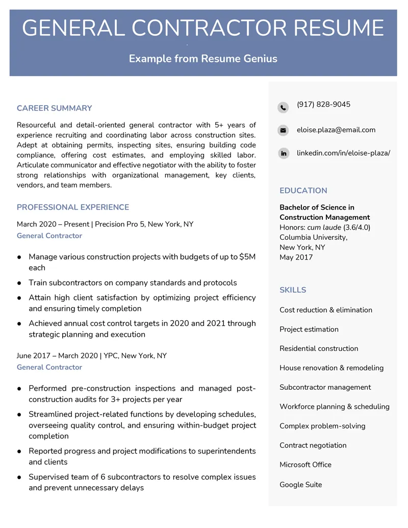 Mẫu sơ yếu lý lịch nhà thầu tổng hợp của Resume Genius