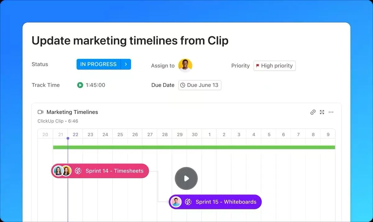 Transforme os clipes do ClickUp em tarefas, incorporando-os e atribuindo-os aos membros da equipe.