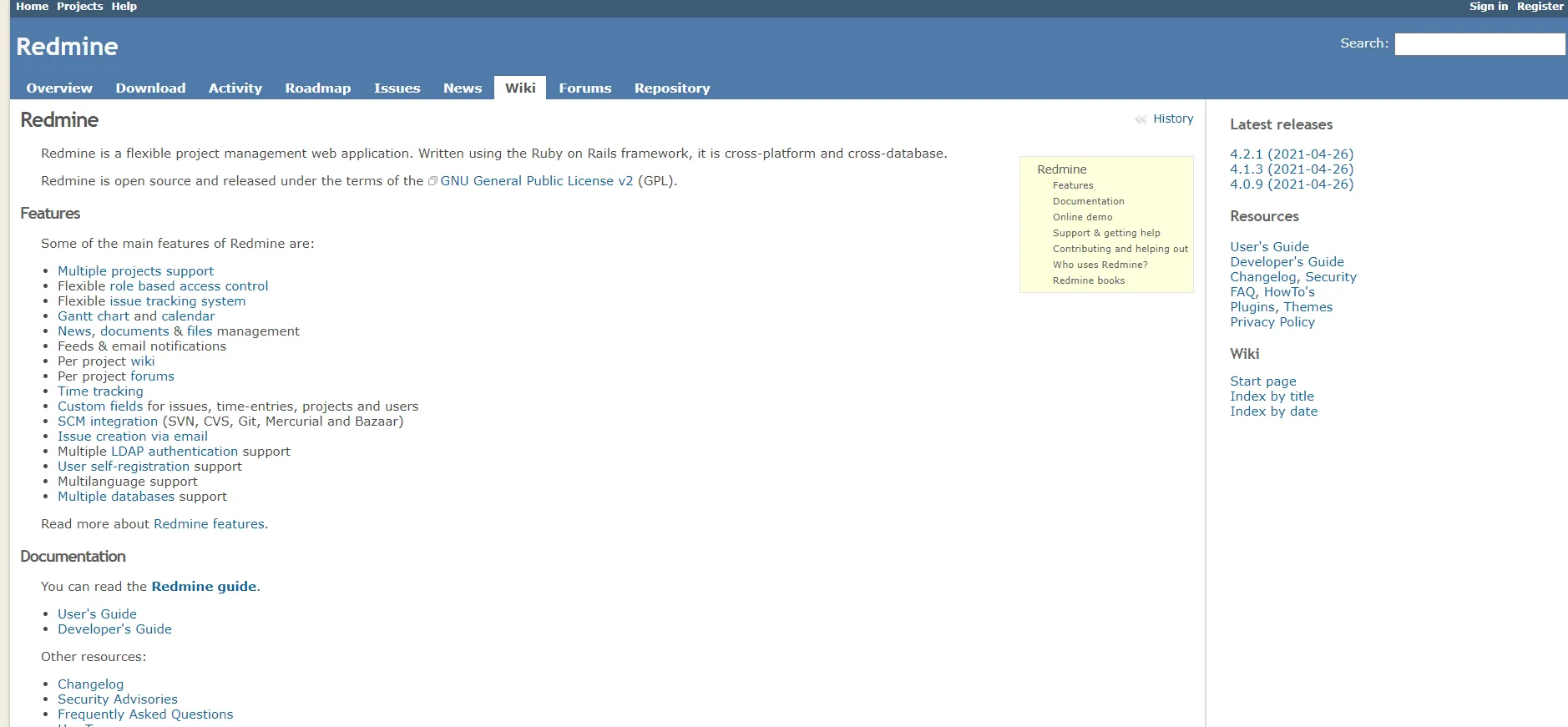 Página de inicio de Redmine