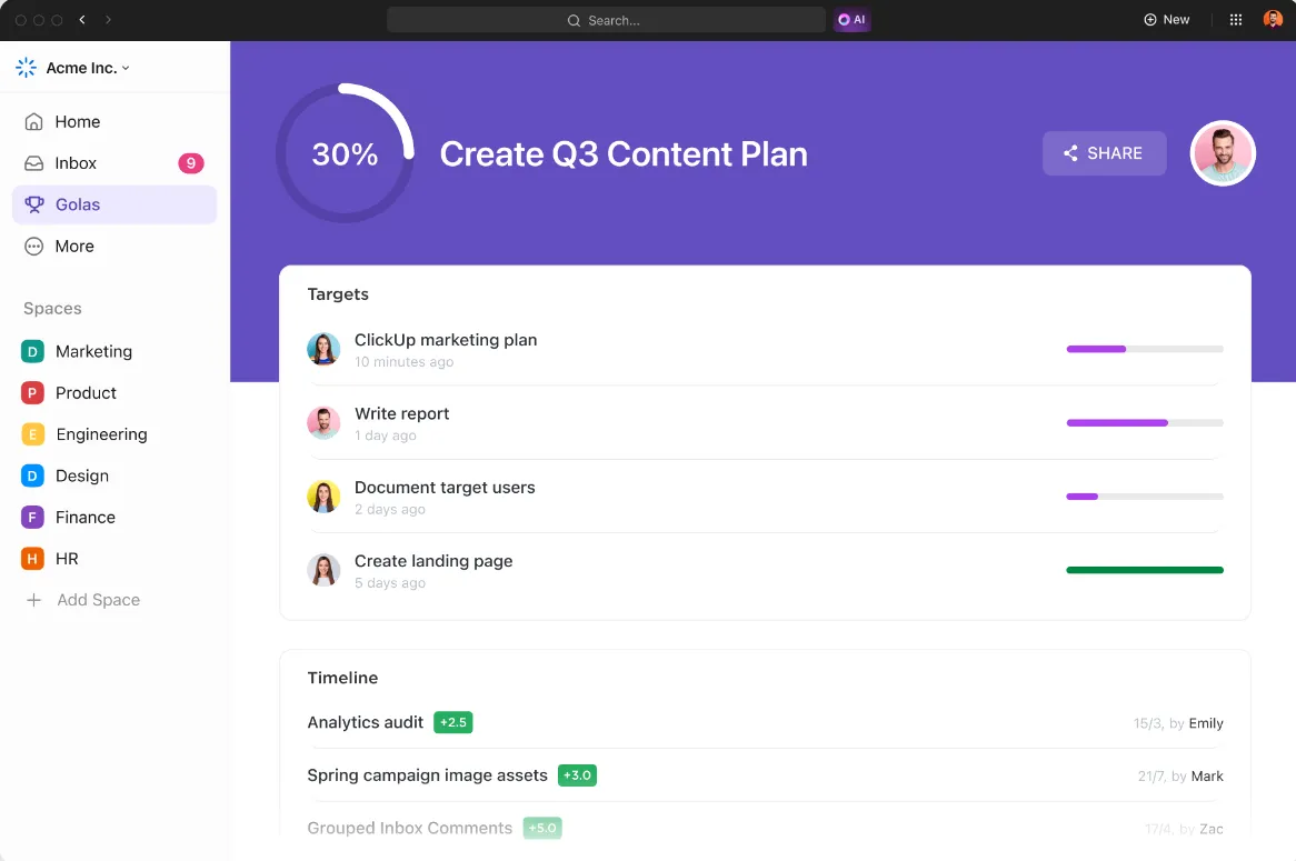 Utilisez ClickUp Objectifs pour suivre vos objectifs lorsque vous mettez en œuvre le changement à l'aide du modèle de changement de Lewin.