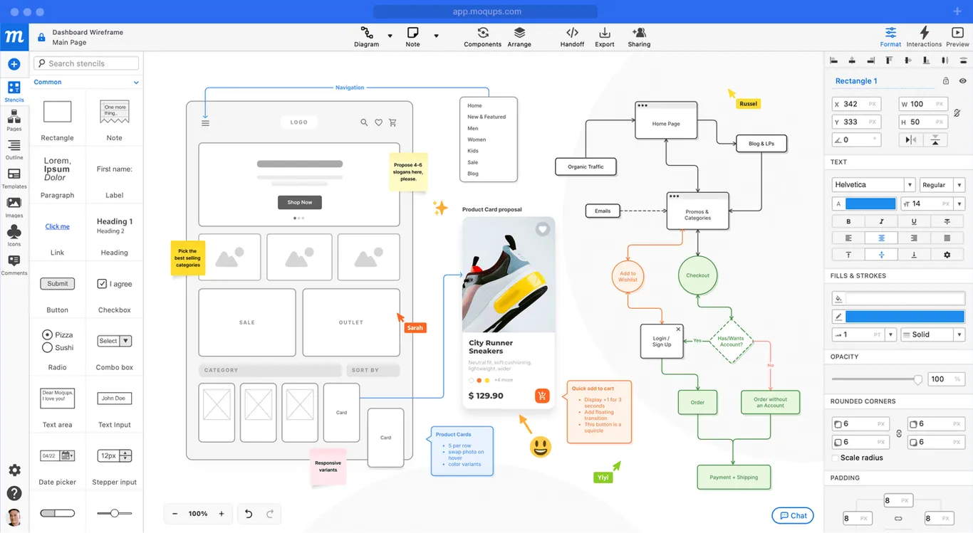 Moqups (най-доброто решение за лесно създаване на wireframes, диаграми и интерактивни прототипи): алтернатива на Figma AI